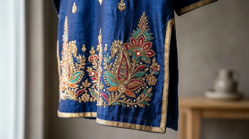 Close-up of an intricately embroidered silk kurti, showcasing high-resolution fabric texture and design details, ideal for 2K catalogue photography.