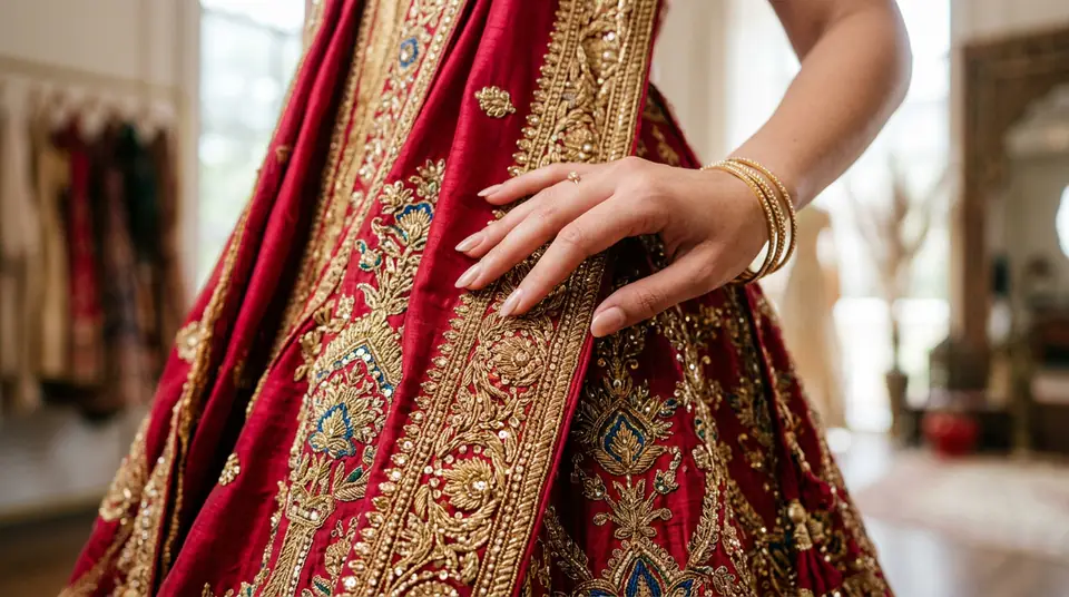 Close-up of intricate embroidery on an Indian lehenga choli, showcasing high-resolution detail with perfect zoom quality.
