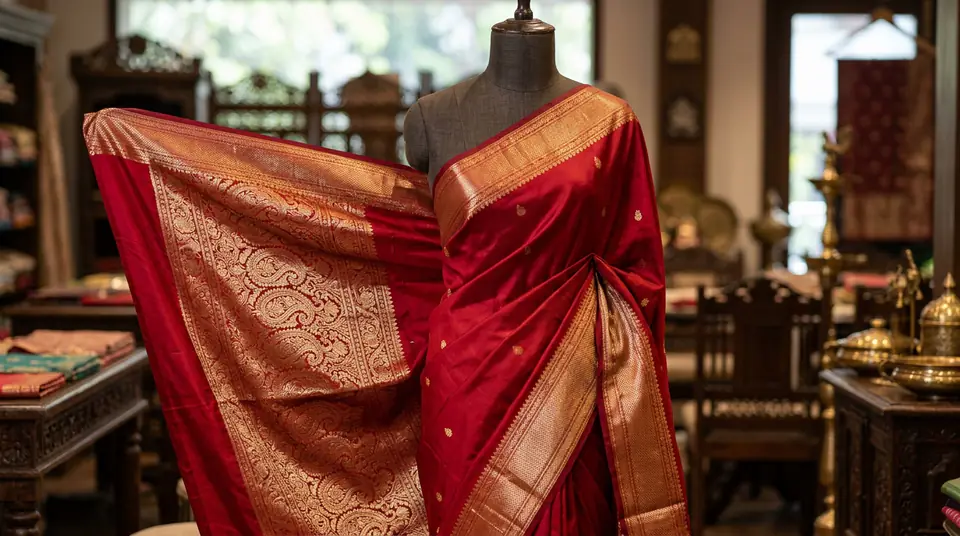 Close-up of a high-resolution Indian silk saree with intricate zari work, demonstrating 2K catalogue photography quality.