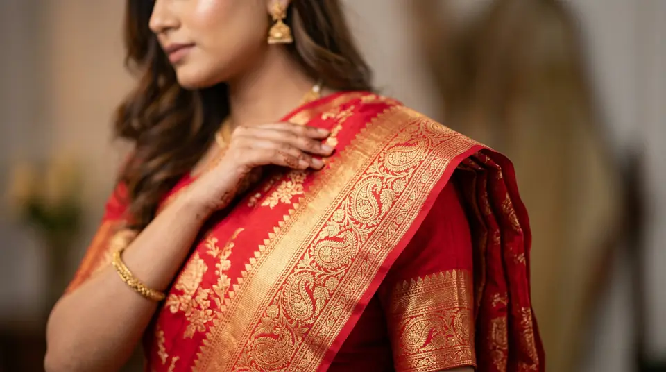 Close-up of a red silk saree with intricate zari work, demonstrating perfect fabric detail and texture in a high-resolution 2K catalogue photo.