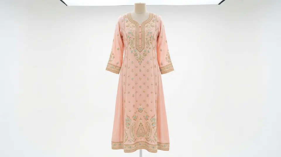 A perfectly lit pastel kurti on an invisible mannequin against a pure white background, ready for Google Shopping.