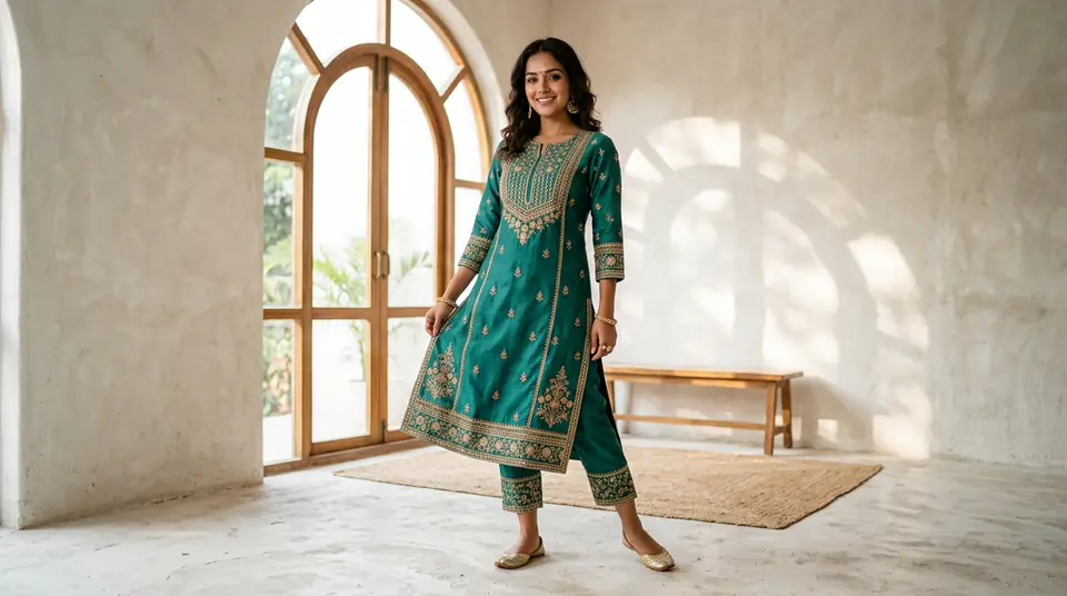 Indian model wearing an embroidered kurti set in a sunlit minimalist studio, showcasing high-quality AI fashion photography.
