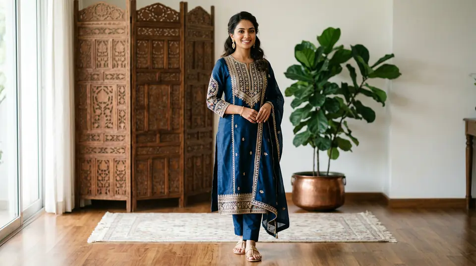 Hyper-realistic AI generated photo of an Indian woman in a modern kurti set, demonstrating high AI fashion photography quality and realism.