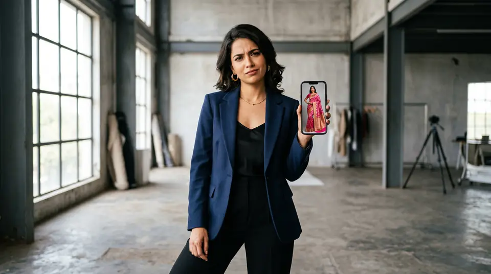 A skeptical Indian brand owner comparing a traditional photoshoot environment with a realistic AI-generated model photo on a smartphone.