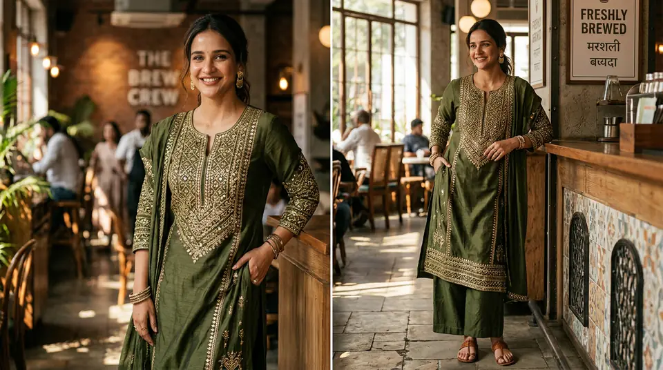 Modern Indian model showcasing a contemporary kurti set, a realistic AI fashion photography example generated by DrapifyApp.