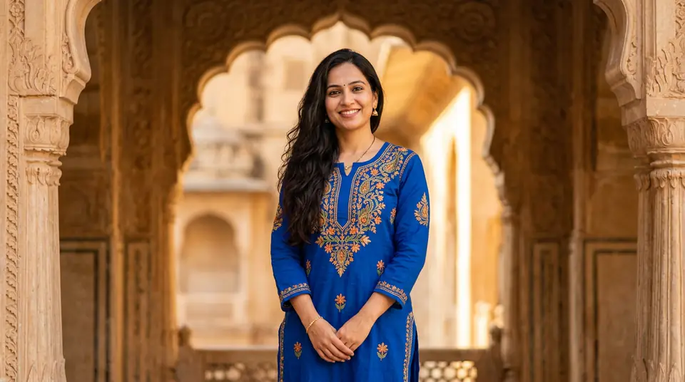 Indian woman in a vibrant blue kurti against a heritage building archway, showcasing realistic AI fashion photography.