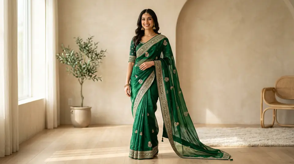 Realistic AI-generated image of an Indian model showcasing a modern saree.