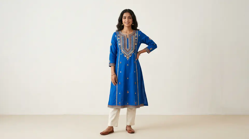 Realistic AI-generated photo of an Indian model wearing a blue ethnic kurti, showcasing high-quality fashion photography.