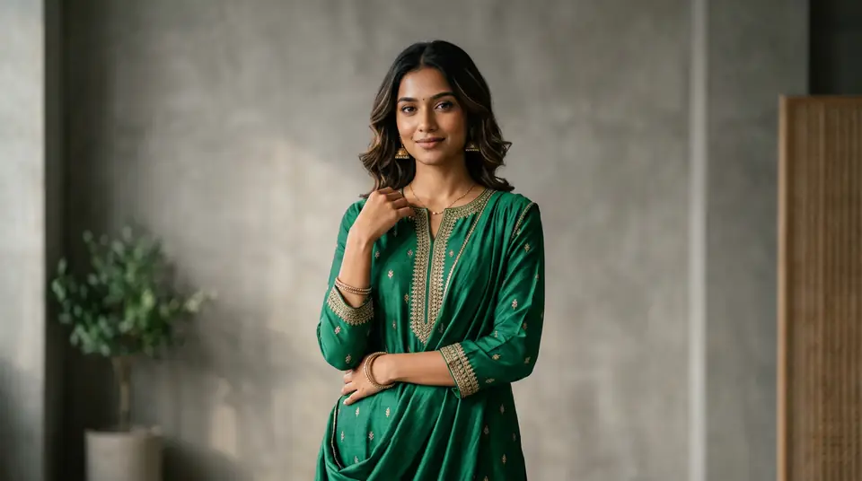 Indian model wearing an emerald green silk kurti, looking real and natural in an AI-generated studio photo.