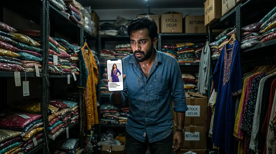 A stressed Indian fashion seller realizing his competitors are winning by using AI model fashion photography on their phone.