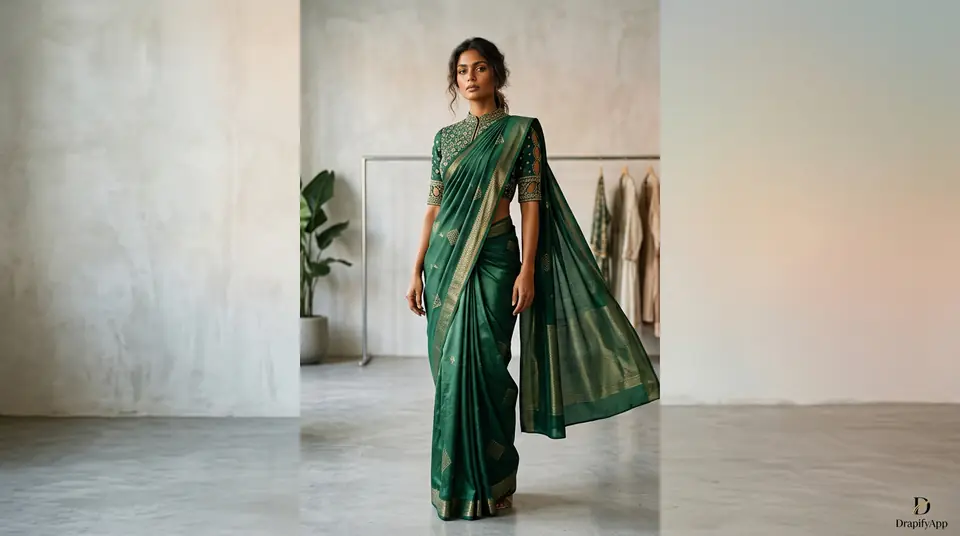 AI-generated image of a stylish Indian model showcasing a designer kurti in a modern studio setting, demonstrating advanced AI model fashion photography.