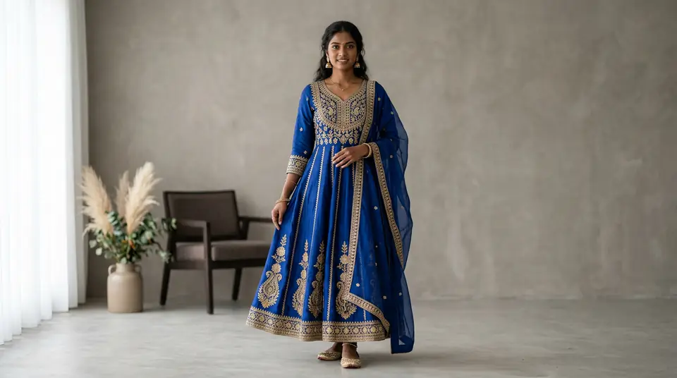 AI-generated photo of an Indian model in a blue anarkali kurti, showcasing the realism and quality of AI fashion photography.