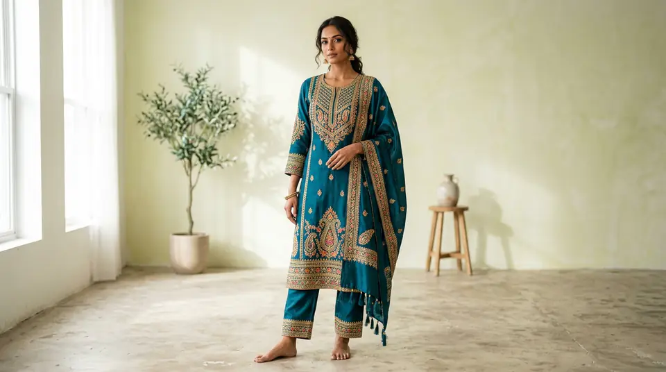 A photorealistic AI-generated image of an Indian kurti set on a virtual model, showcasing the realism and quality of AI model fashion photography.