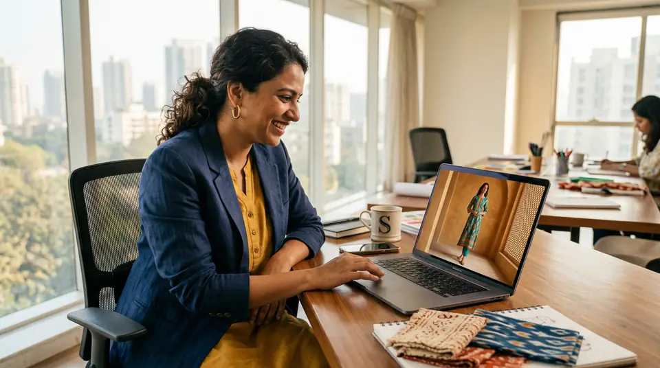 Indian fashion entrepreneur confidently viewing AI generated fashion photoshoot on laptop showcasing a kurti set on a virtual model.