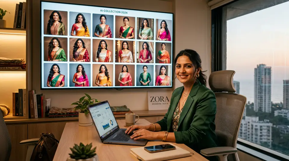 Indian fashion brand owner using AI model fashion photography on her laptop to create a catalogue.