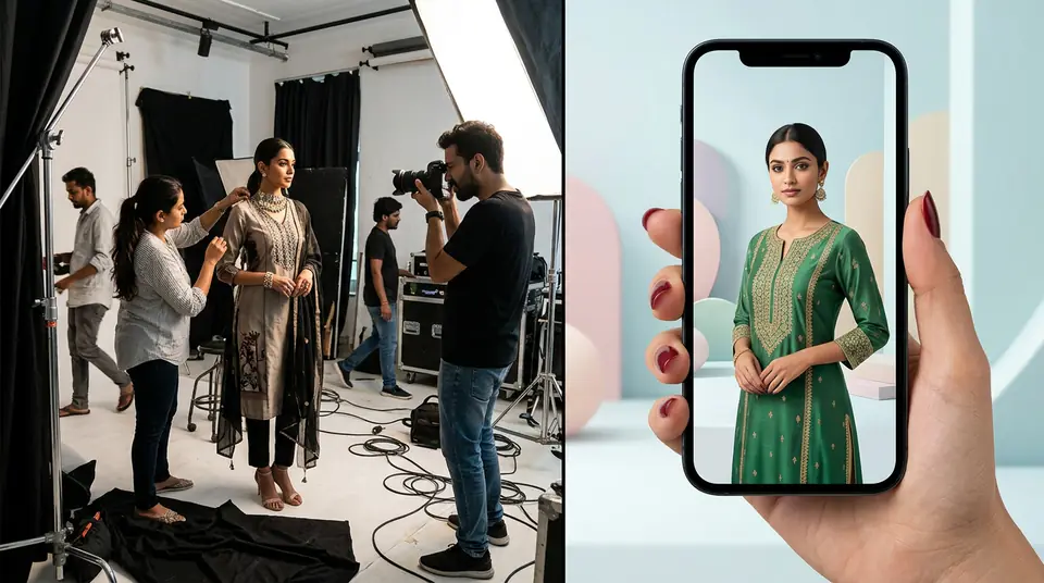 Comparison of a chaotic traditional fashion photoshoot studio versus a clean smartphone displaying an AI-generated model photo, illustrating the shift in fashion photography methods.