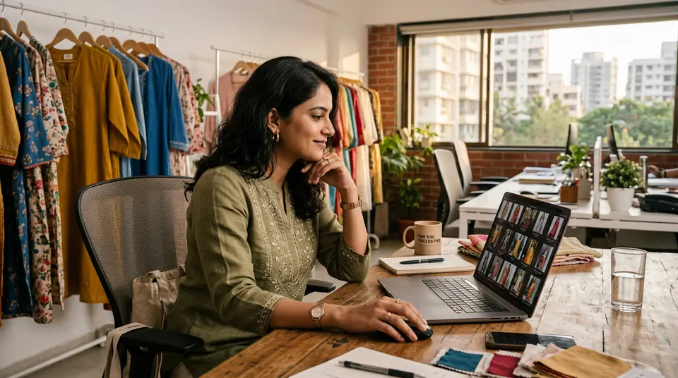 A fashion brand owner using an AI photoshoot tool without a subscription to review images.