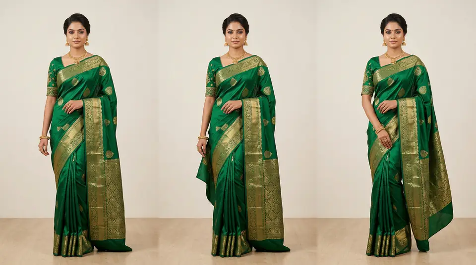 An AI-generated model in a stunning emerald green saree, perfect for Indian fashion e-commerce