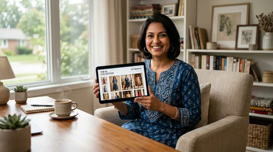 Boutique owner smiling, looking at AI model photos on a tablet, relaxed at home
