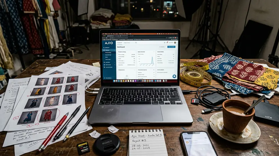 A desk showing the frustration of dealing with Ajio seller image guidelines, with rejected photos and a laptop.