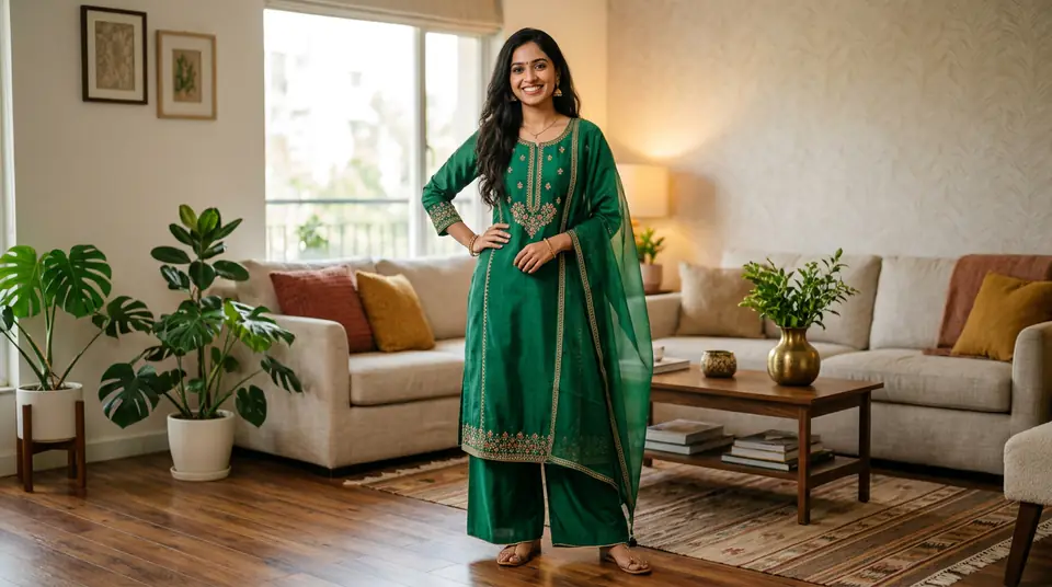 Indian model confidently showcasing a vibrant kurti set, radiating style and appeal, perfect for Amazon India apparel listings.