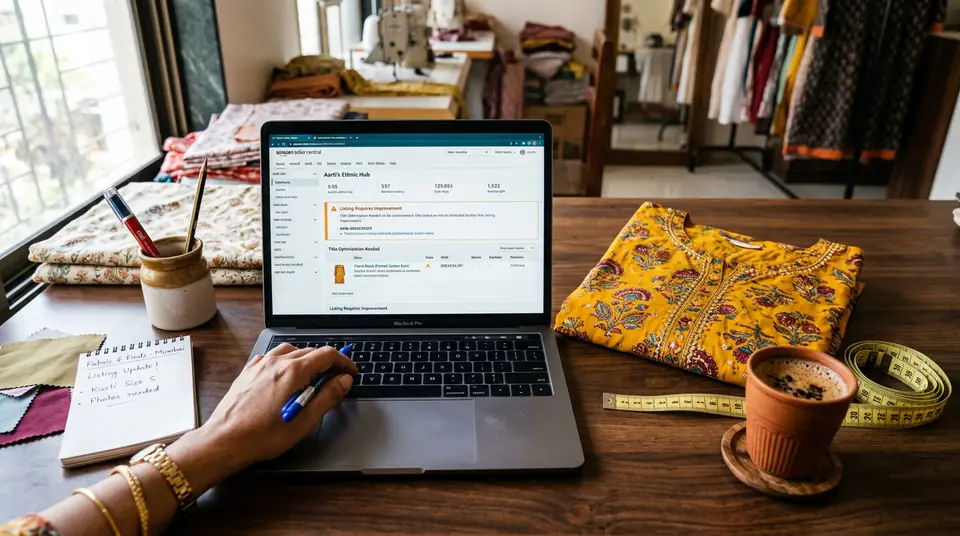 A kurti lying on a desk next to a laptop displaying Amazon Seller Central image requirements.