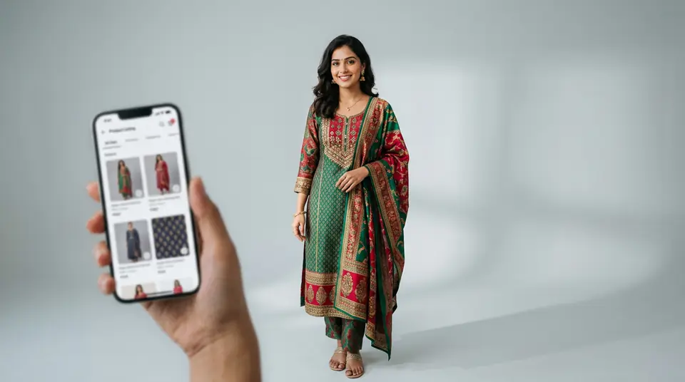 Stylish Indian woman showcasing a modern kurti set, holding a tablet displaying an Amazon product listing with multiple optimized image slots.