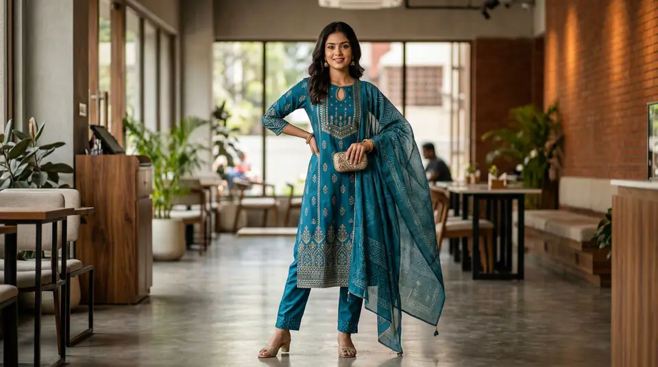 Indian woman in an elegant kurti set, showcasing intricate details in a modern setting, ideal for Amazon India fashion photography