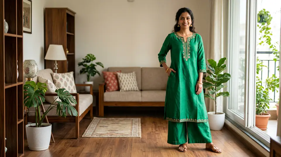 Elegant Indian woman wearing a vibrant kurti set in a stylish home setting, representing successful Amazon India fashion listings.