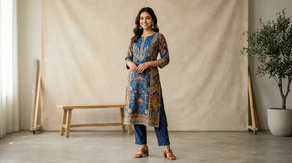 An Indian woman confidently modeling a vibrant kurti set, perfect for Amazon India apparel listings, showcasing excellent fabric detail and fit against a clean studio backdrop.