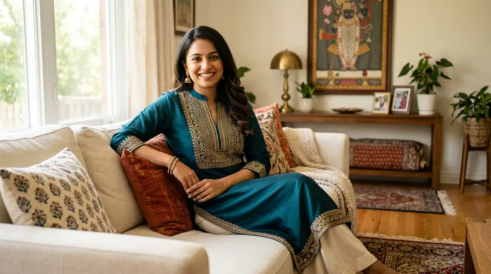 Indian woman wearing a fashionable kurti on a sofa, demonstrating a lifestyle shot for an Amazon listing.