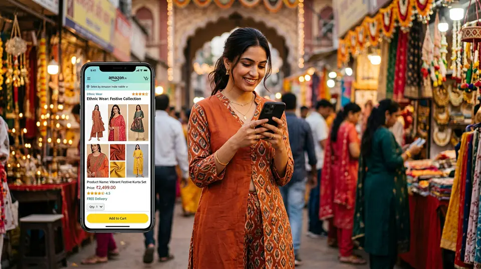 Woman confidently shopping for Indian fashion on Amazon India on her phone, showing high-quality product images.