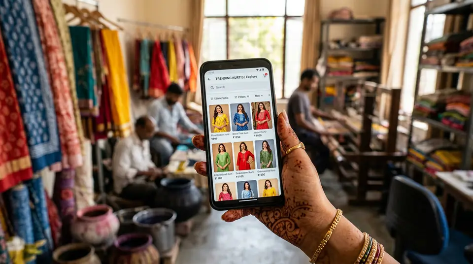 A seller checking AI-generated product photos for their Myntra listings on a smartphone in their workshop.