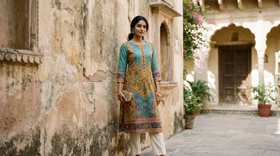 An Indian model wearing a stylish kurti, demonstrating a textured background idea for clothing product photos.
