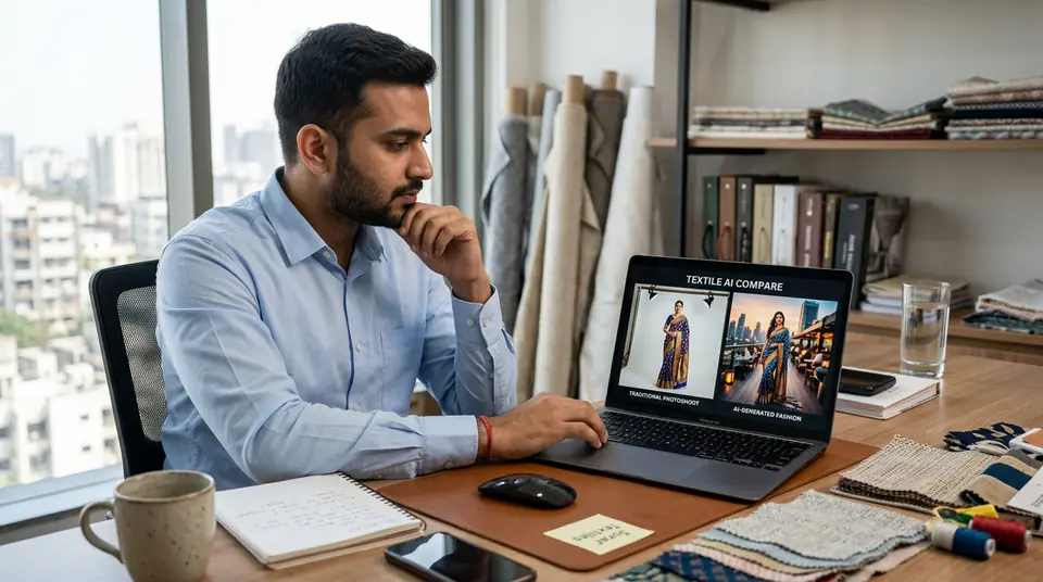 A young Indian textile entrepreneur comparing traditional and AI fashion photoshoot costs on a laptop screen.