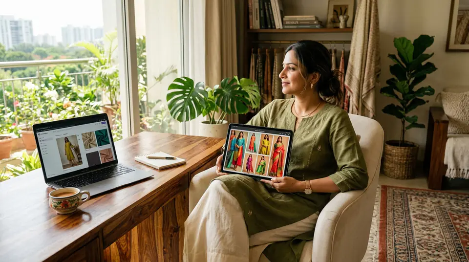Serene Indian boutique owner looking out window, tablet shows AI fashion catalogue photos generated by DrapifyApp, symbolizing reclaimed time and successful business.