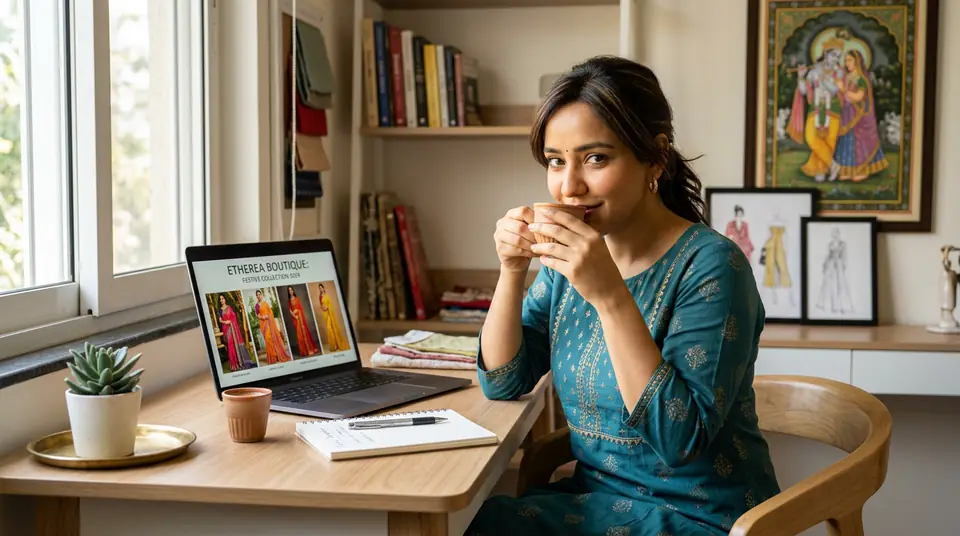 Relaxed Indian boutique owner enjoying her weekend, having streamlined her fashion catalogue photography