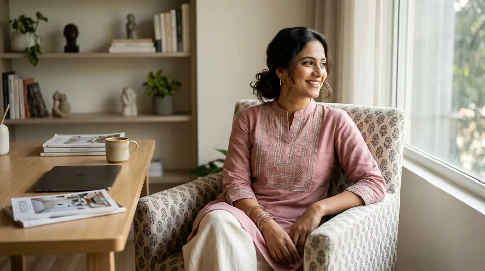 A relaxed Indian boutique owner smiling, enjoying a weekend, laptop closed nearby, symbolizing freedom from endless photoshoots