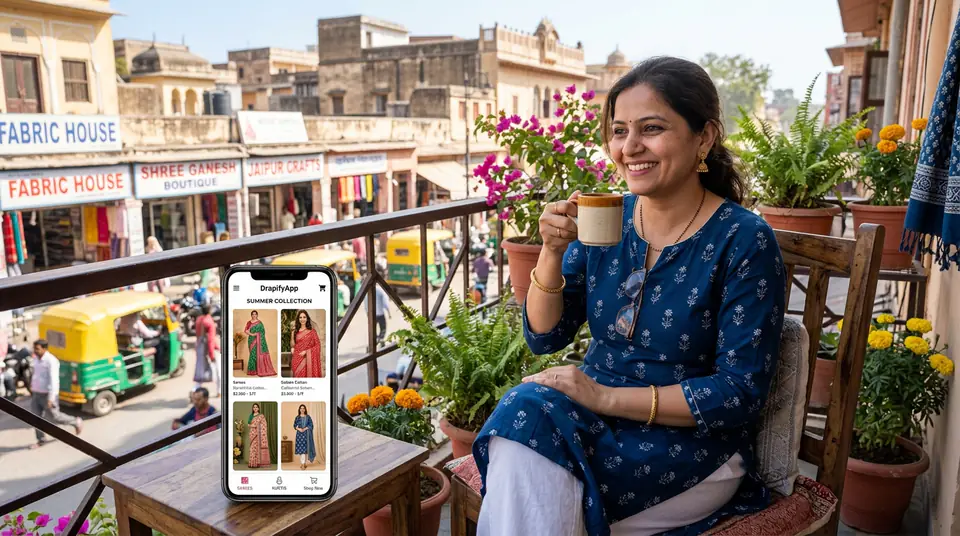 Boutique owner relaxing on her Sunday morning, having used DrapifyApp to generate product catalogue photos.