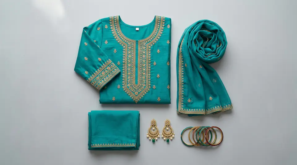 High-quality, professional AI-generated flat lay photo of an Indian kurti set for a boutique's online catalogue, showcasing intricate details and vibrant colors.