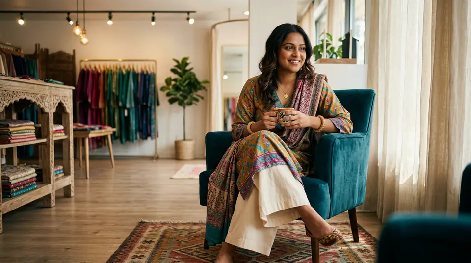 Smiling Indian boutique owner relaxing, having reclaimed her weekends, with a stylish boutique interior in the background, symbolizing freedom from manual photoshoots.