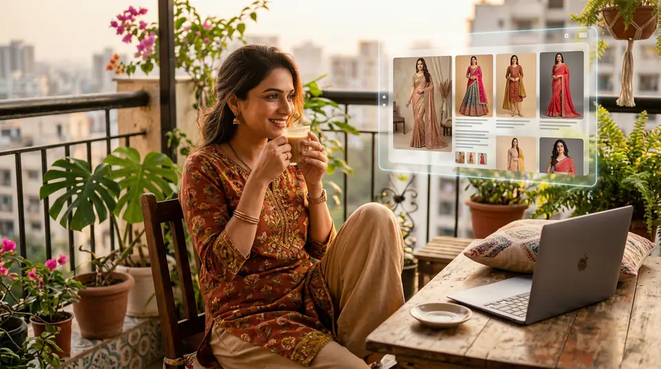 A relaxed Indian boutique owner enjoying her weekend, having replaced tedious photoshoots with efficient AI fashion photography from DrapifyApp.
