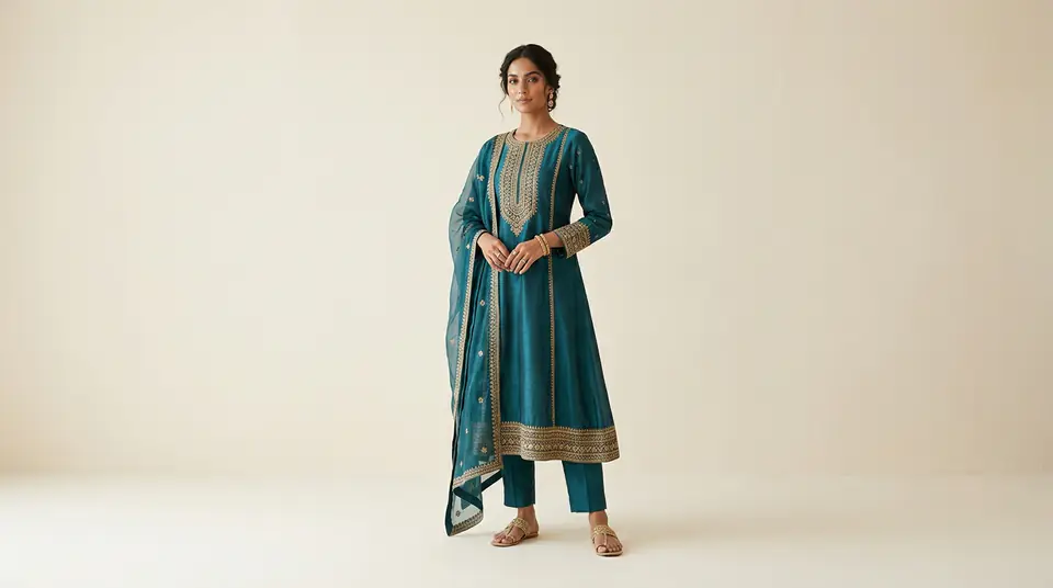 Indian woman in elegant kurti set against a pristine, consistent cream background, showcasing high-quality catalogue photography consistency.