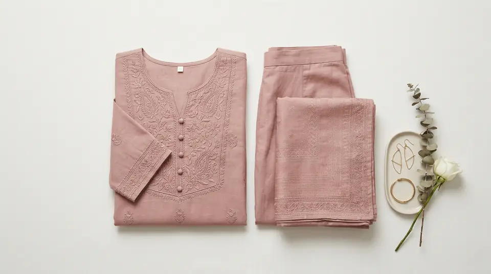 A stylish Indian kurti set displayed against a consistent, professional off-white background, embodying perfect catalogue photography consistency.