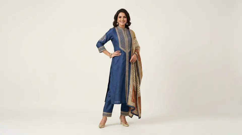 Indian model showcasing a modern kurti set against a perfectly consistent, high-fashion studio background, symbolizing flawless catalogue consistency.