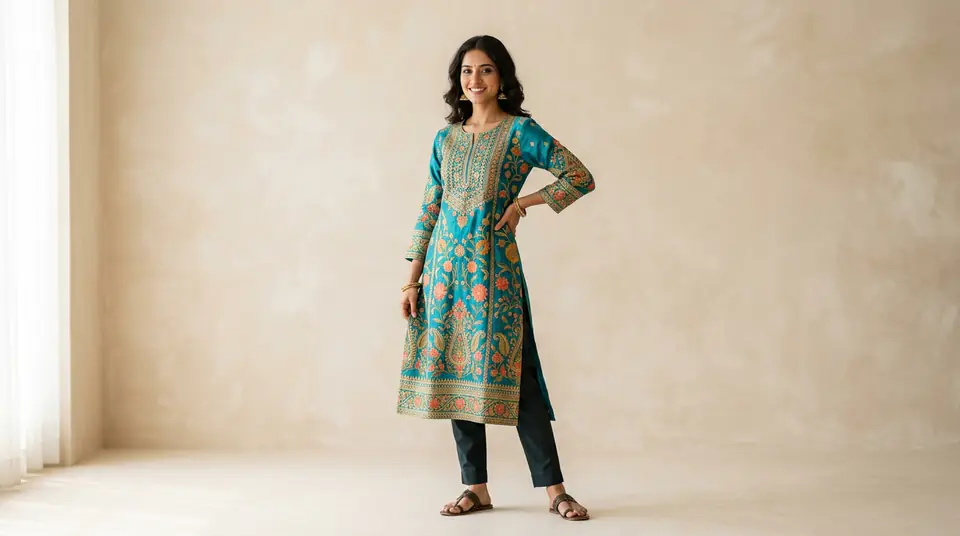 Indian model showcasing a vibrant kurti for an ecommerce catalogue photoshoot.
