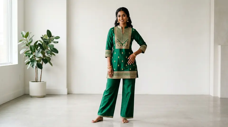 Indian model showcasing a vibrant, embroidered ethnic co-ord set in a clean studio setting.