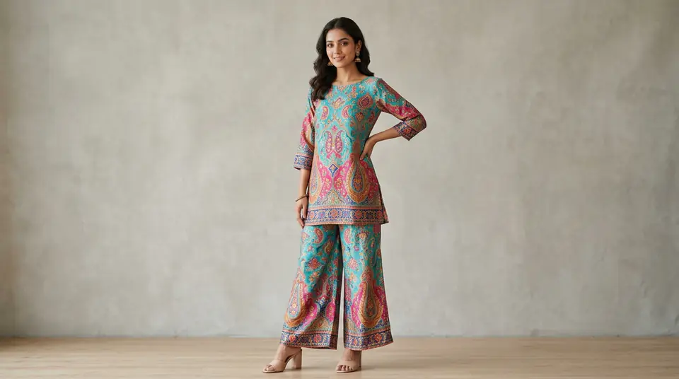 Indian model showcasing a vibrant ethnic co-ord set against a minimalist studio background, highlighting professional co-ord set photography.