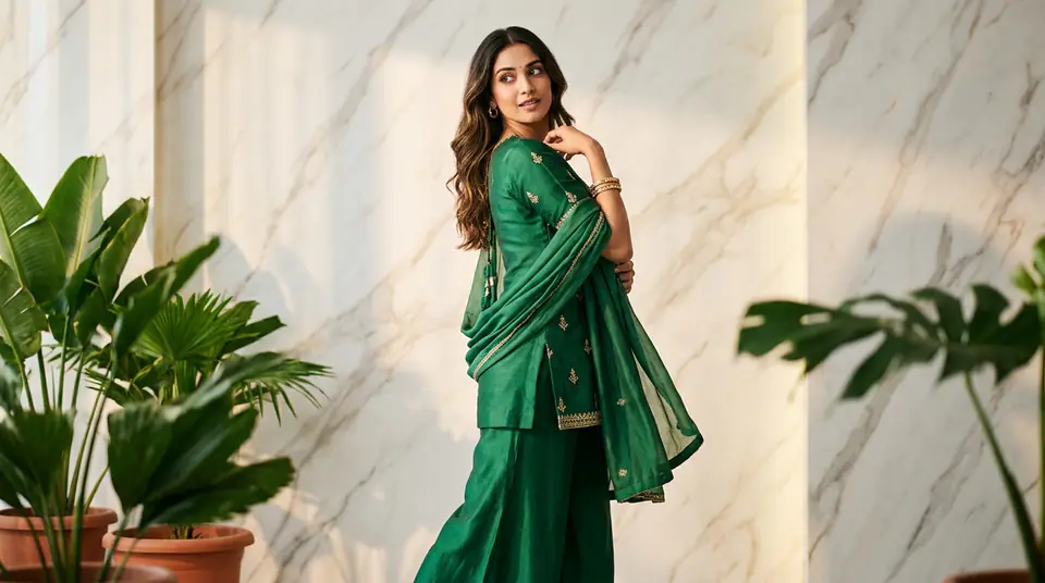 Indian model wearing a luxurious emerald green silk co-ord set, showcasing fluid drape and elegant styling, against a modern backdrop.