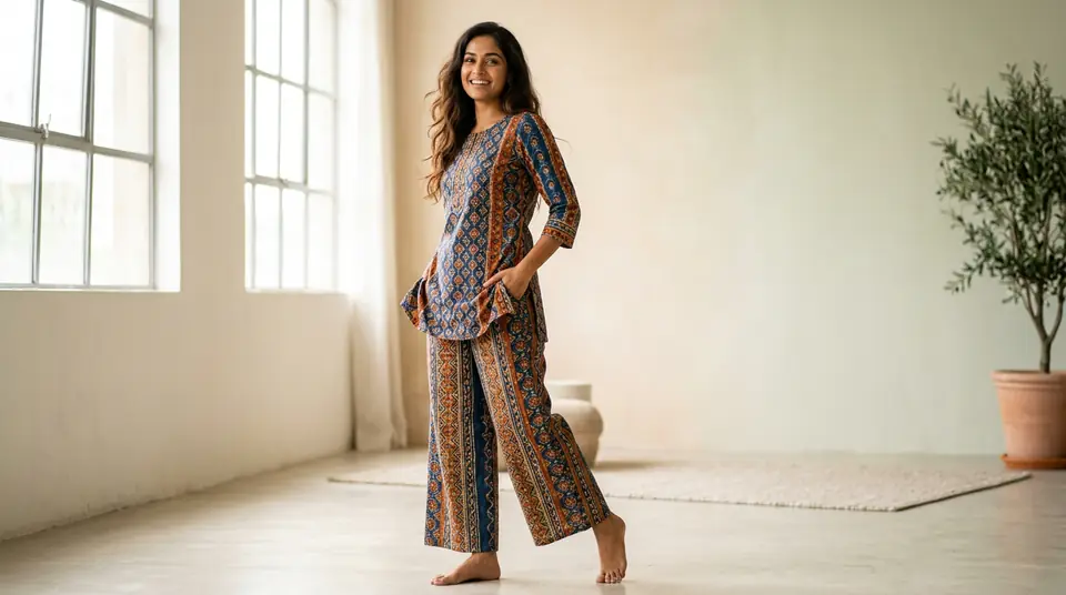Indian model wearing a modern ethnic co-ord set, professionally photographed in a minimalist studio setting.